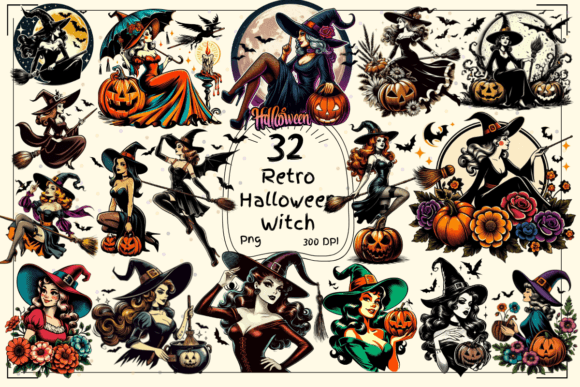 32 Retro Halloween Witch Clipart for Timeless Design