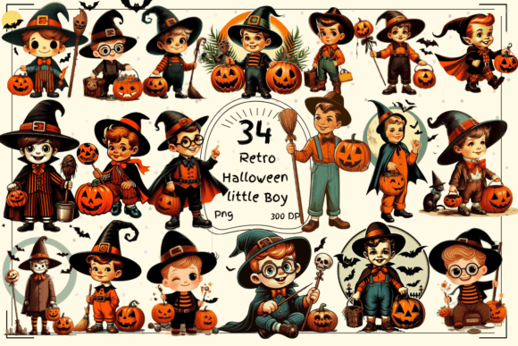 34 Retro Halloween Little Boy Clipart: Vintage Design Assets