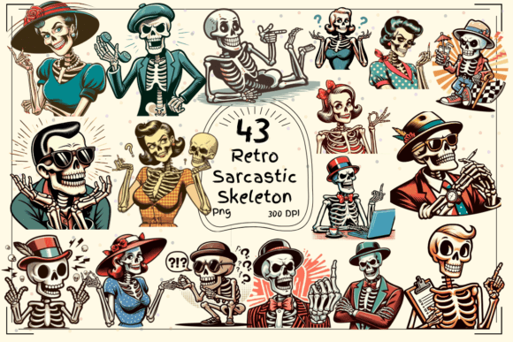 43 Retro Sarcastic Skeleton Clipart: Vintage Edge for Modern Design
