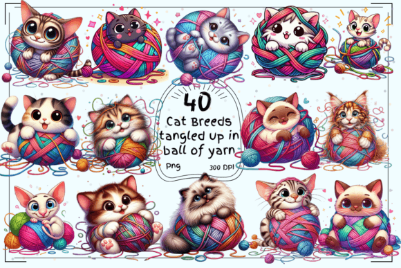 Colorful Cats Tangled in Yarn: A Designer's Playful Asset