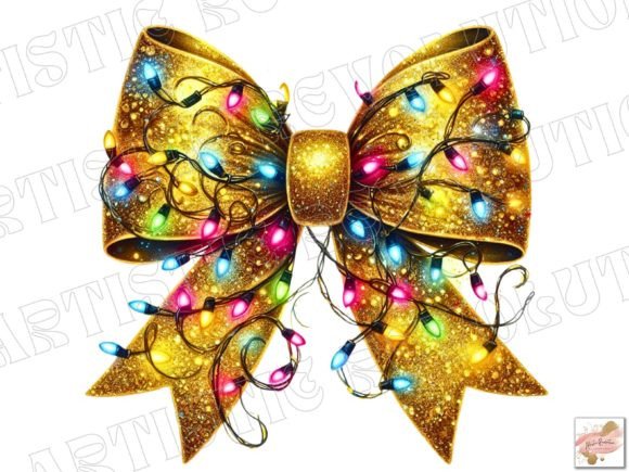 Elevate Holiday Designs with a Gold Christmas Light Coquette Bow PNG