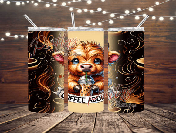 Highland Cow Coffee Addict Tumbler Wrap: A Design Asset for Creators