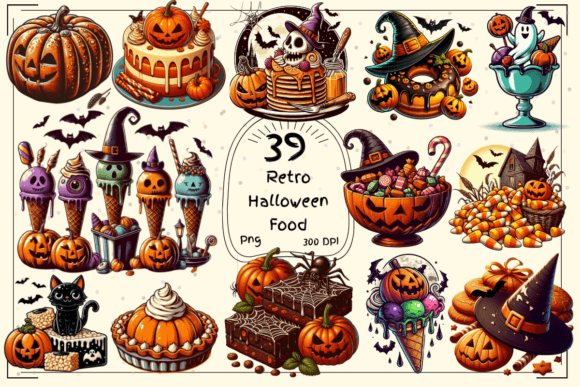 Retro Halloween Food Clipart: Vintage Design Assets